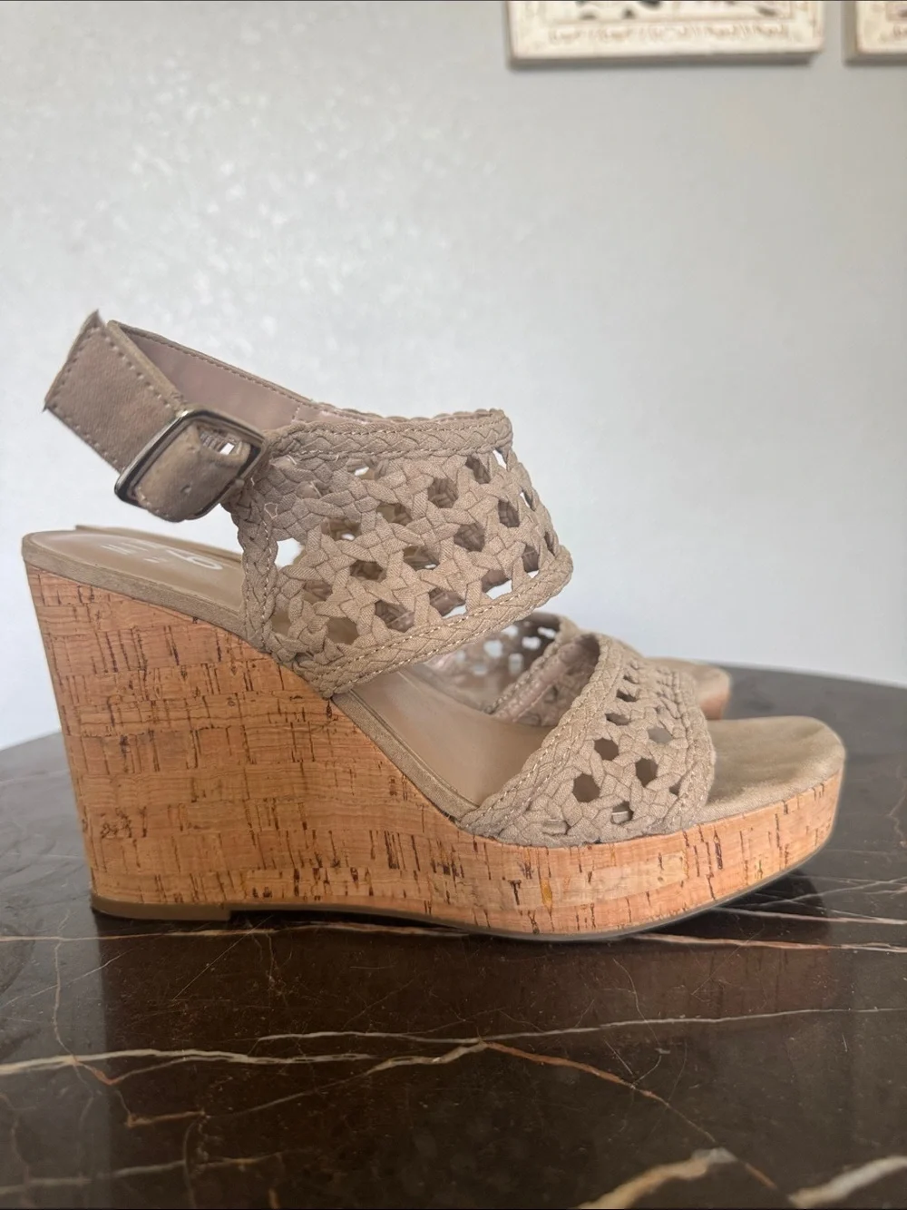 Mix No. 6 Taupe Braided Crochet Cork Wedge Sandals